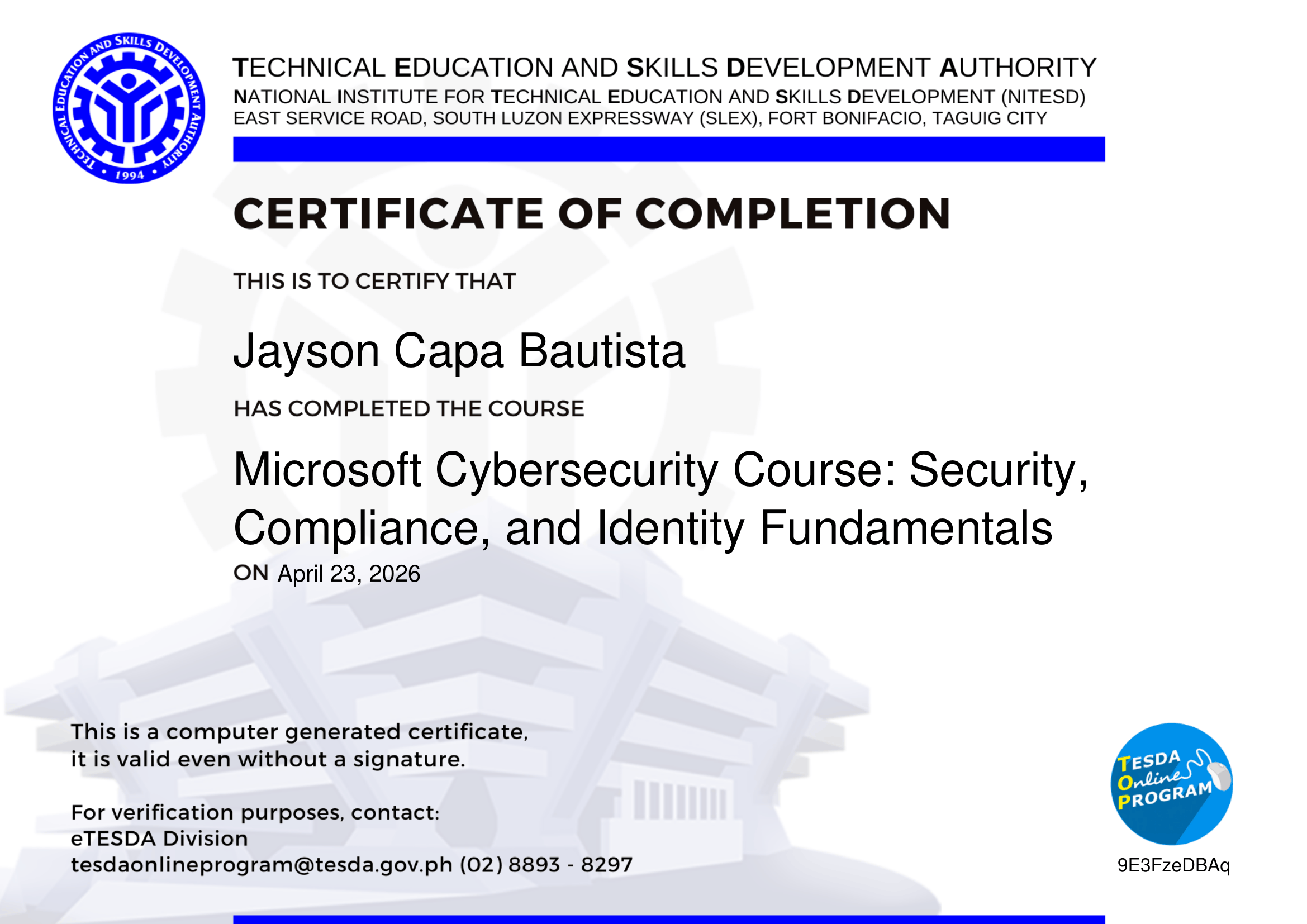 Security, Compliance & Identity Certificate